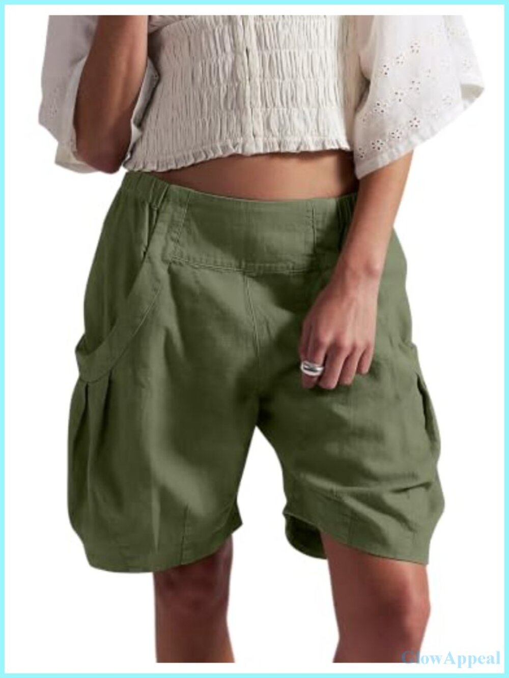 Women's Cotton Blend Bermuda Cargo Shorts High Waist Knee Length Pull-On Loose